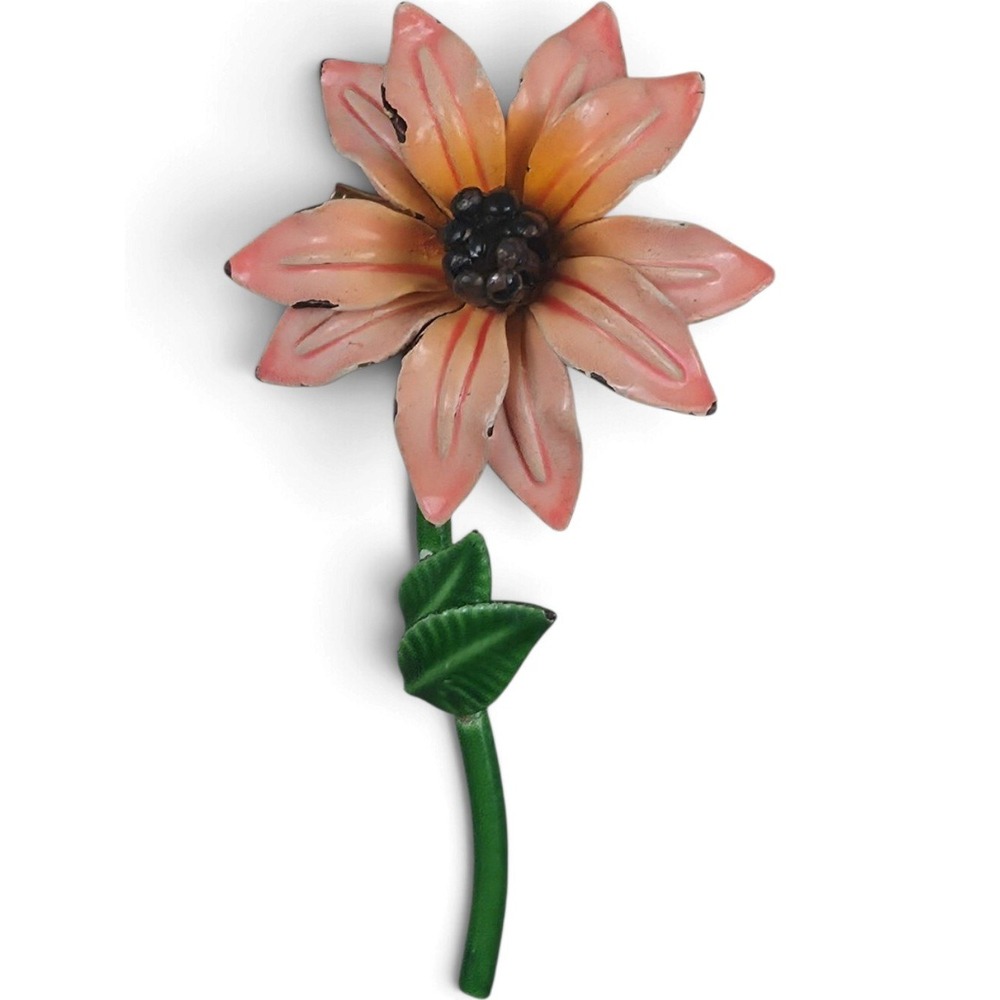 Vintage 1960s Enamel Flower Power Long Stem Brooch Pin | Peach, Orange, Green